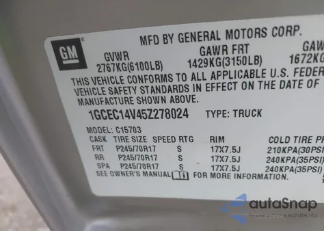 2005 Chevrolet Silverado 1500 из США, поврежденный, VIN 1GCEC14V45Z278024